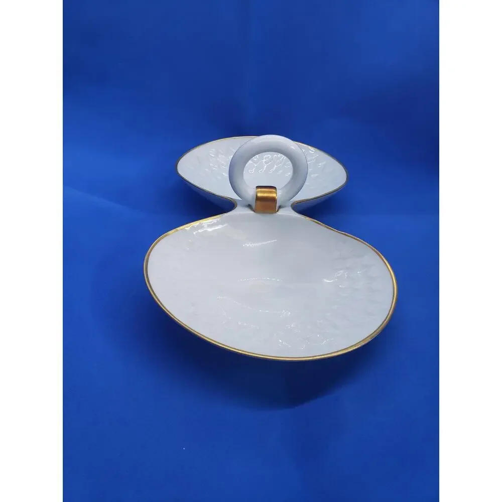Vintage Limoges France Double Clam Shell Dish Trinket White Porcelain Gold Trim